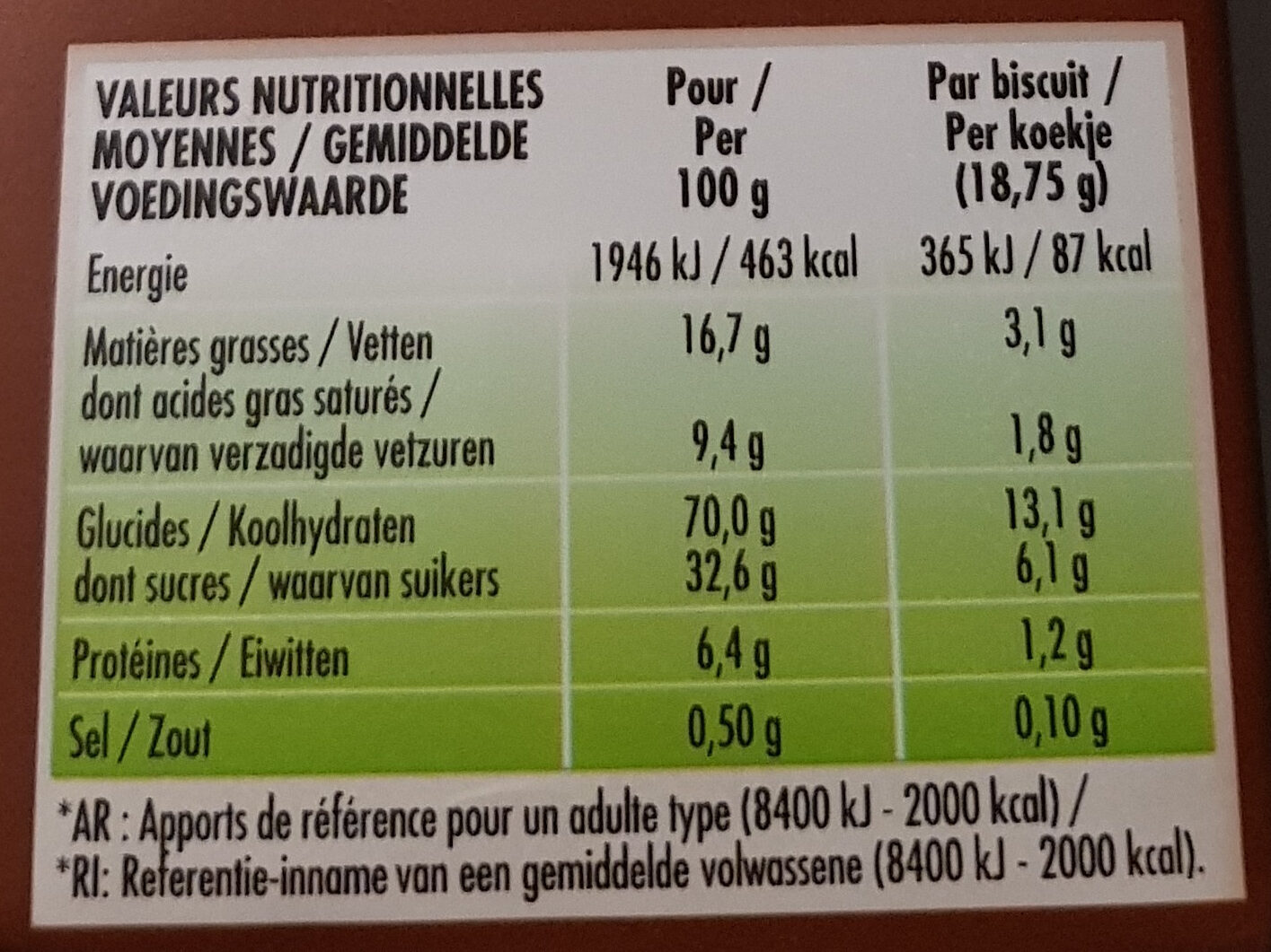 Biscuits Goût Chocolat - Informations nutritionnelles - fr