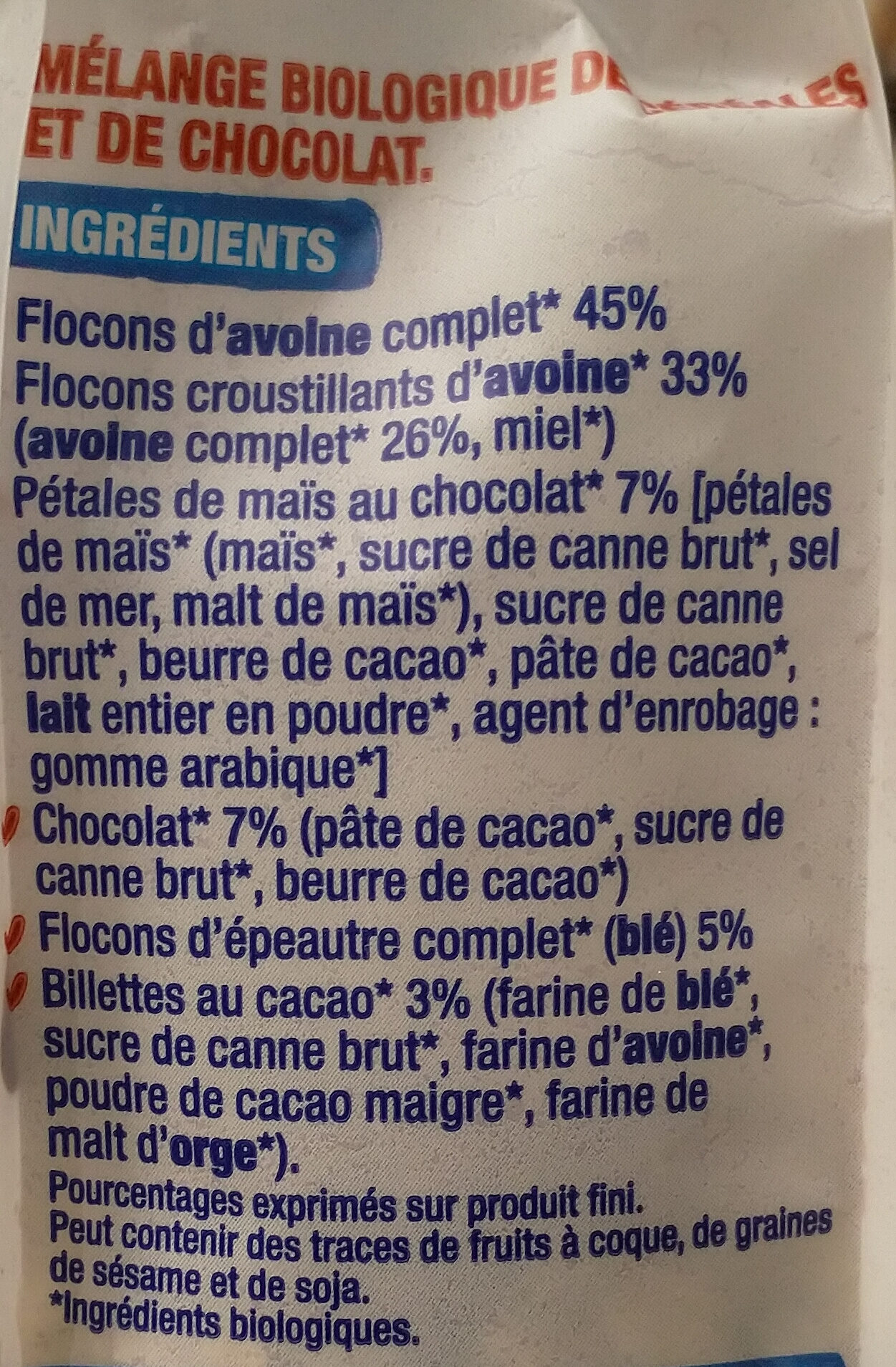 Muesli avoine chocolat bio - Ingrédients - fr