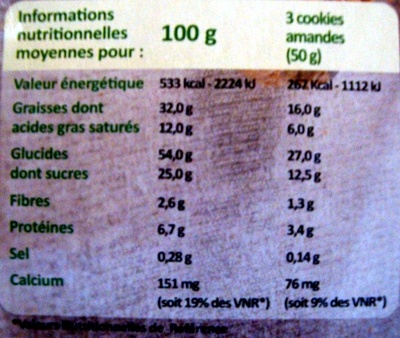 Cookies amandes chocolat - Tableau nutritionnel - fr