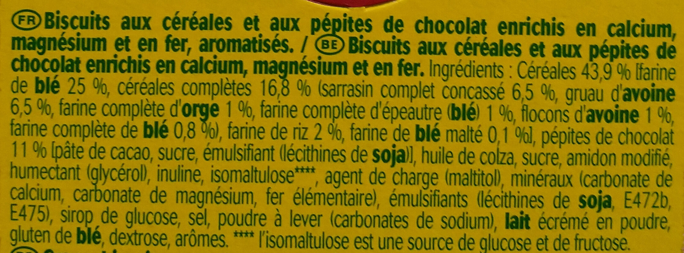 Biscuit aux céréales et pépites de chocolat - Ingrédients - fr